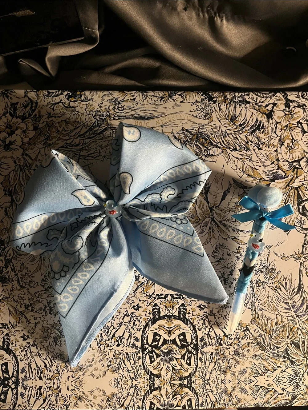 Handmade Light Blue Hair Bow and Pom Pom Pen Set